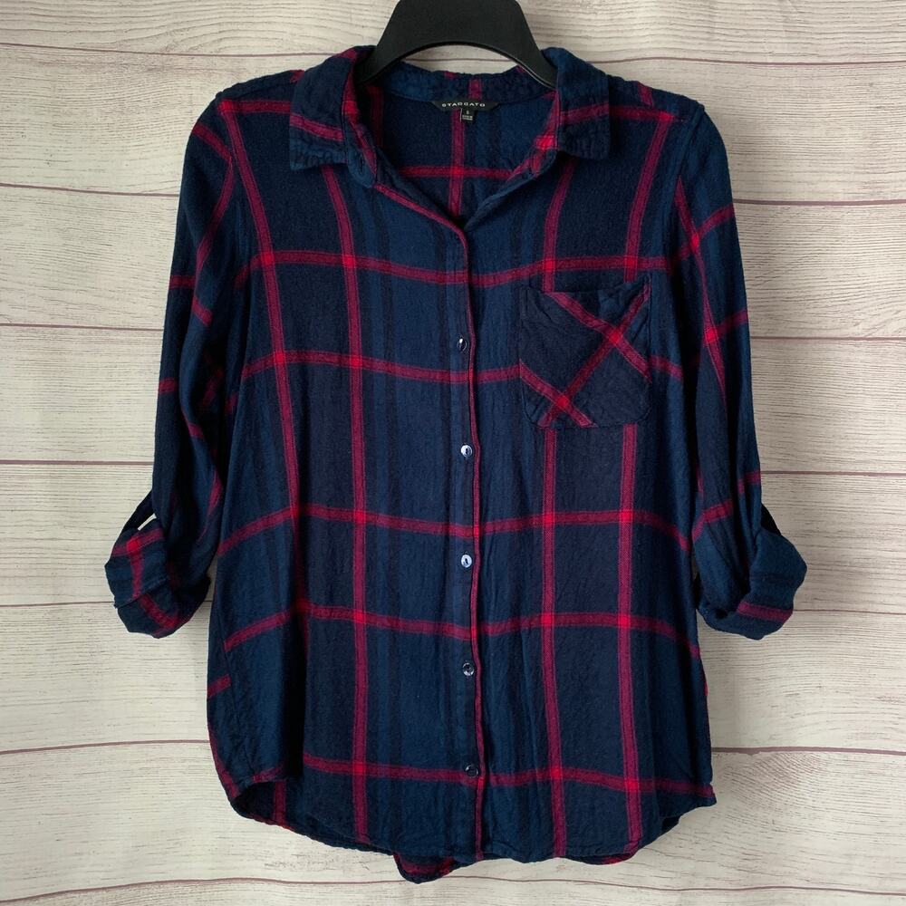 Staccato Navy Blue and Pink Plaid Button Up Flannel Shirt Size Small